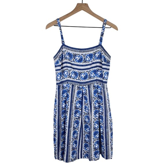 LOFT Dresses & Skirts - LOFT Blue White Stripe Floral Fit & Flare Rayon Summer Dress 4